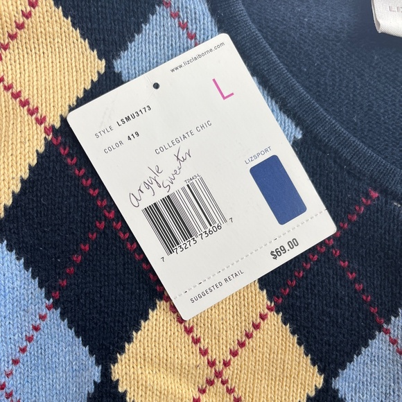 Liz Claiborne Vintage Cotton Argyle Cardigan Sweater Blue Yellow Large - Picture 5 of 8